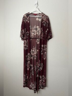 Guess Floral Sheer Kimono Burgundy Pink Size L – Swim Cover‑Up / Layering Piece
